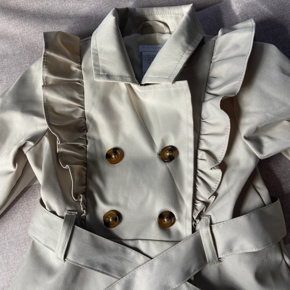 EUC Tahari Stylish Beige Ruffle Trench Coat with Belt Girls Sz XS (4) - Picture 2 of 6